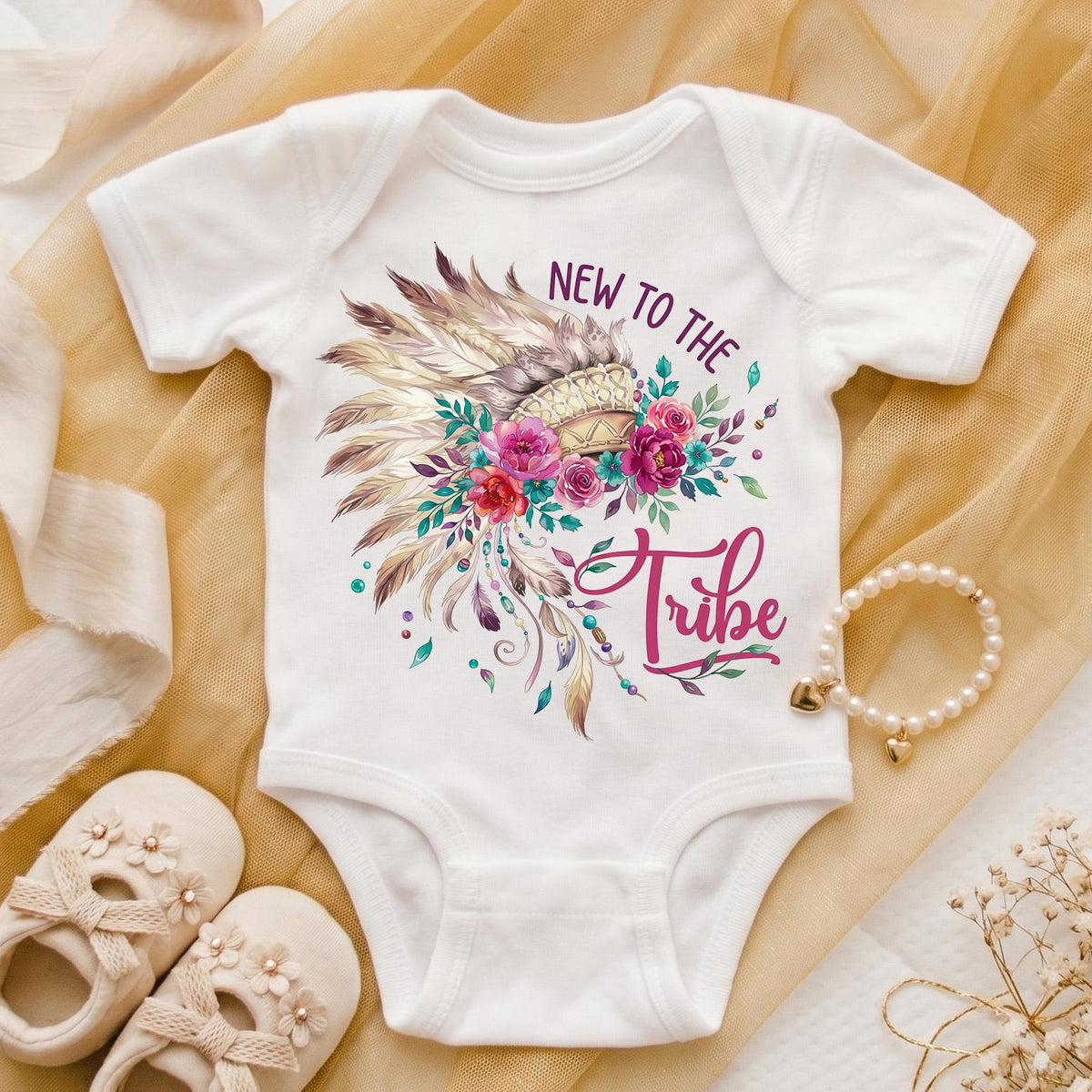 New to the Tribe Baby Girl Bodysuit, Boho Floral Newborn Clothes, Tribal Headdress Onesie, Baby Shower Gift, Pregnancy Reveal Outfit