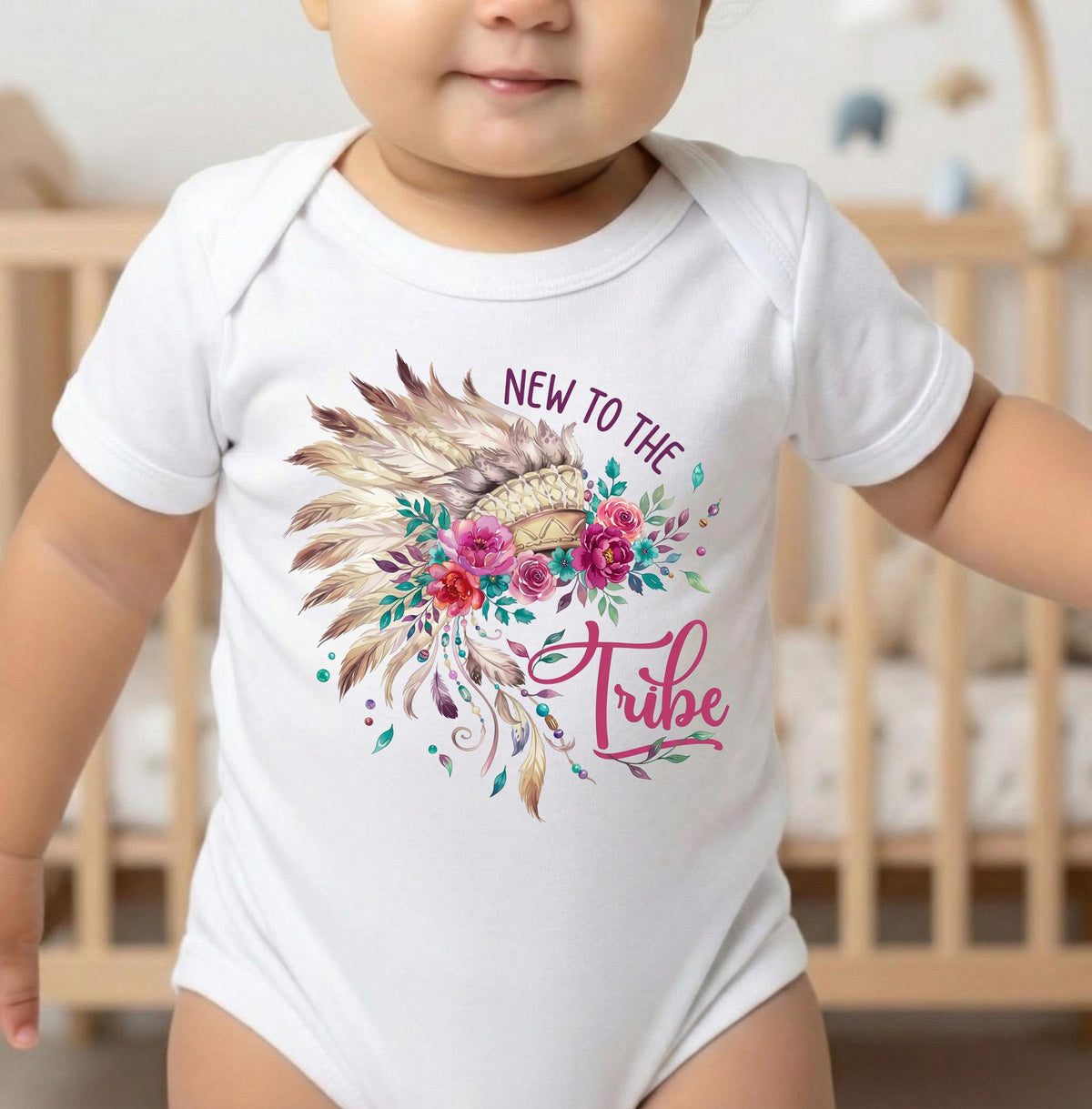 New to the Tribe Baby Girl Bodysuit, Boho Floral Newborn Clothes, Tribal Headdress Onesie, Baby Shower Gift, Pregnancy Reveal Outfit