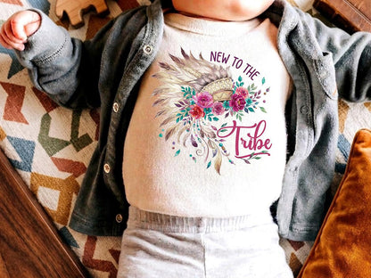 New to the Tribe Baby Girl Bodysuit, Boho Floral Newborn Clothes, Tribal Headdress Onesie, Baby Shower Gift, Pregnancy Reveal Outfit