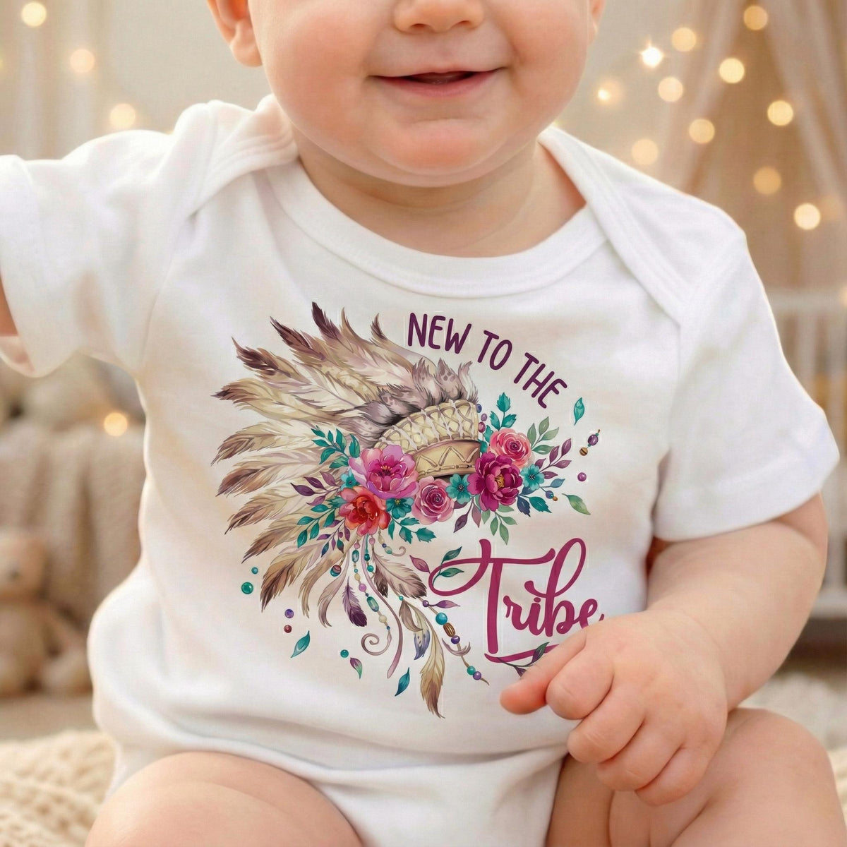 New to the Tribe Baby Girl Bodysuit, Boho Floral Newborn Clothes, Tribal Headdress Onesie, Baby Shower Gift, Pregnancy Reveal Outfit