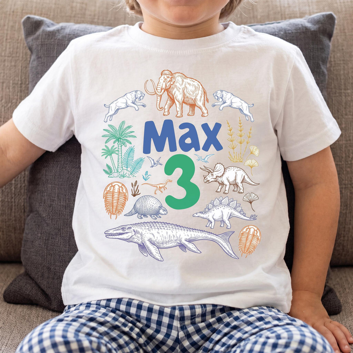 Personalized Dinosaur 3rd Birthday Shirt, Hand Drawn Prehistoric Animal Boy Outfit, Custom Name Pastel Dino Tee, Kids Ice Age Party Top