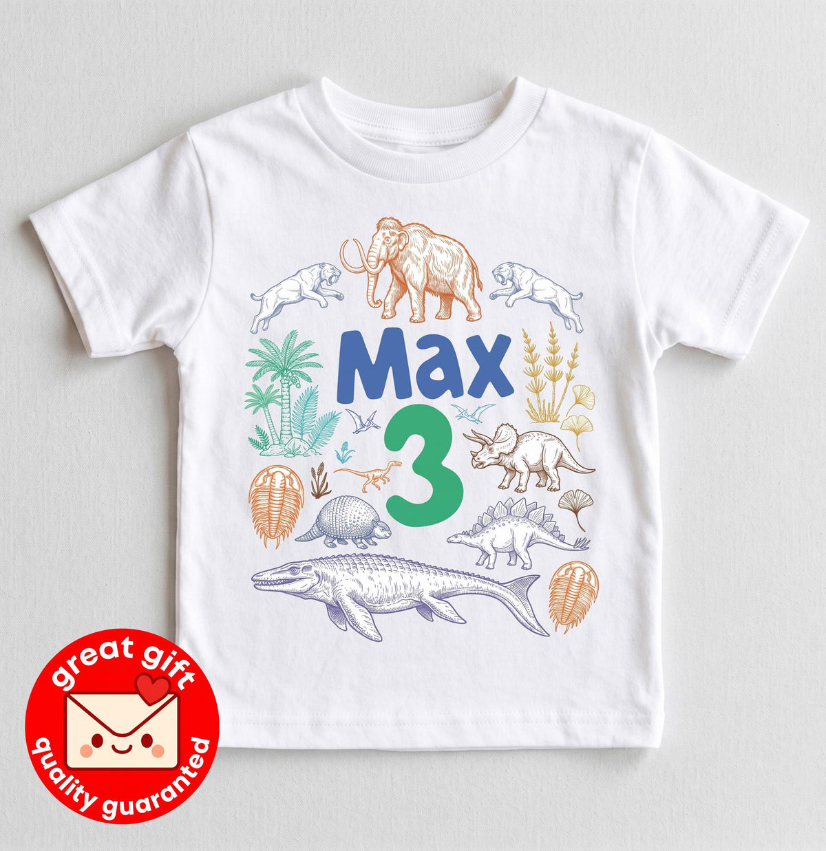 Personalized Dinosaur 3rd Birthday Shirt, Hand Drawn Prehistoric Animal Boy Outfit, Custom Name Pastel Dino Tee, Kids Ice Age Party Top