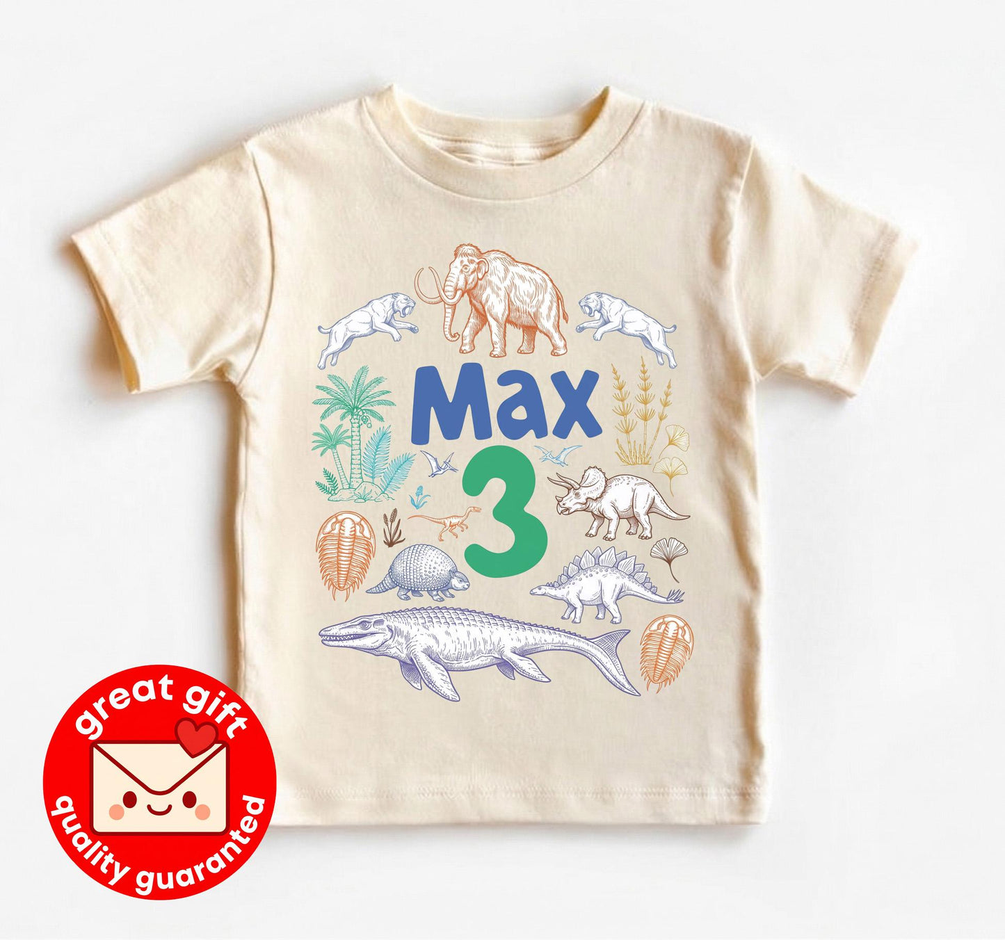 Personalized Dinosaur 3rd Birthday Shirt, Hand Drawn Prehistoric Animal Boy Outfit, Custom Name Pastel Dino Tee, Kids Ice Age Party Top
