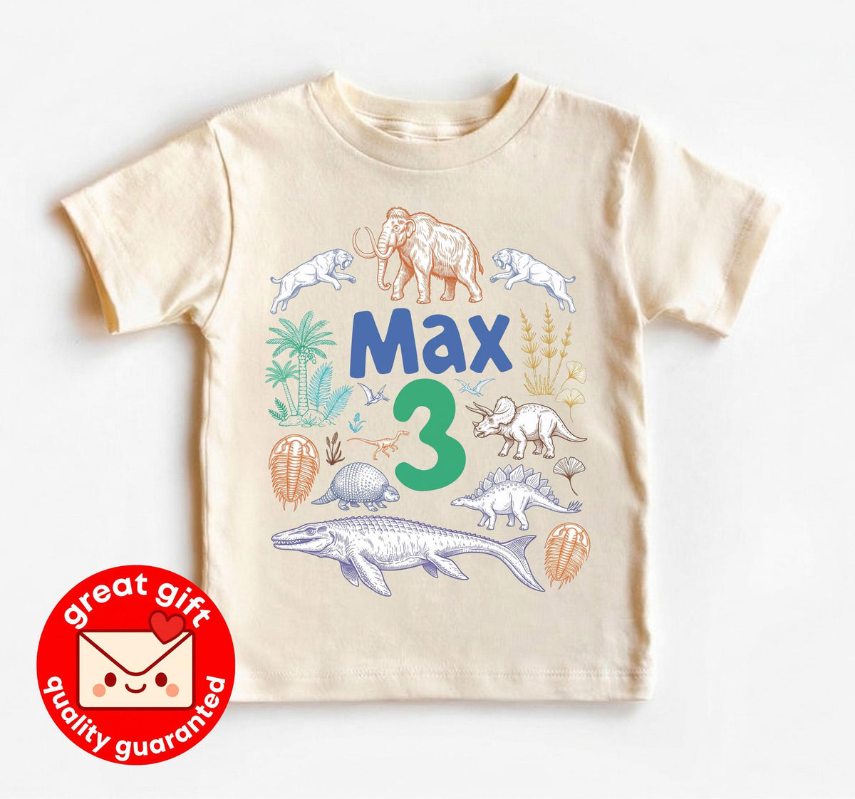 Personalized Dinosaur 3rd Birthday Shirt, Hand Drawn Prehistoric Animal Boy Outfit, Custom Name Pastel Dino Tee, Kids Ice Age Party Top