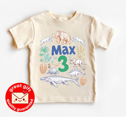Personalized Dinosaur 3rd Birthday Shirt, Hand Drawn Prehistoric Animal Boy Outfit, Custom Name Pastel Dino Tee, Kids Ice Age Party Top