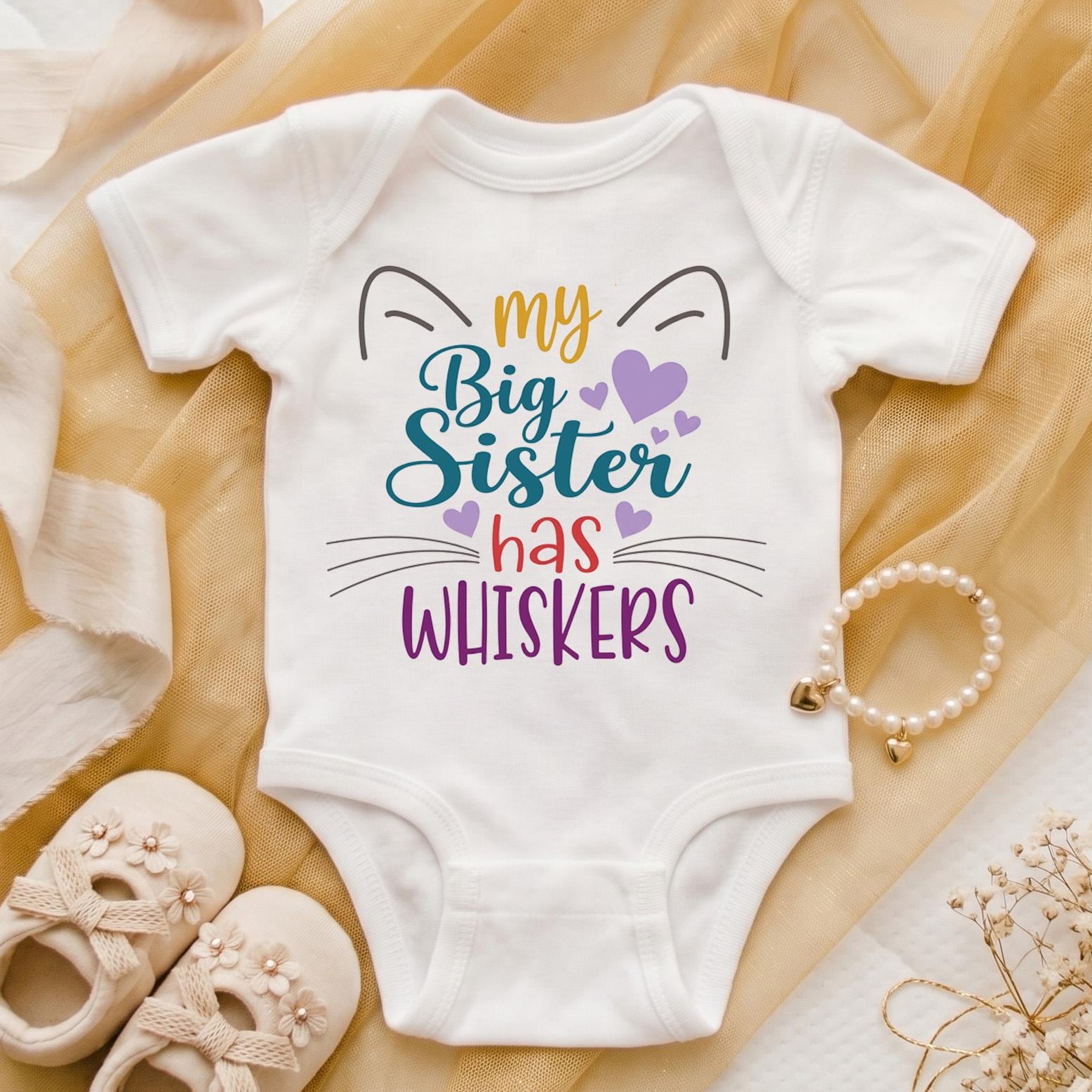 My Big Sister Has Whiskers Baby Bodysuit, Cat Pregnancy Announcement, Pet Sibling Newborn Outfit, Funny Kitty Baby Shower Gift
