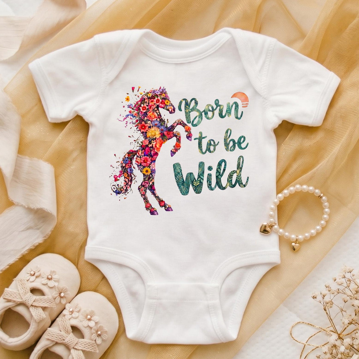 Born to be Wild Baby Bodysuit, Floral Horse Boho Girl Outfit, Western Cowgirl Newborn Clothes, Country Baby Shower Gift Apparel