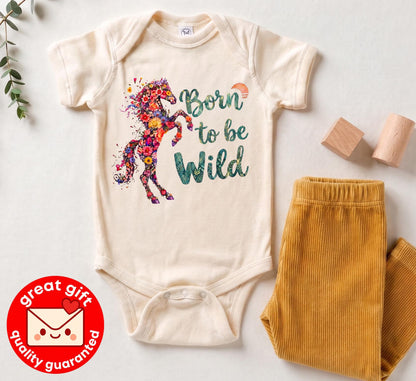 Born to be Wild Baby Bodysuit, Floral Horse Boho Girl Outfit, Western Cowgirl Newborn Clothes, Country Baby Shower Gift Apparel