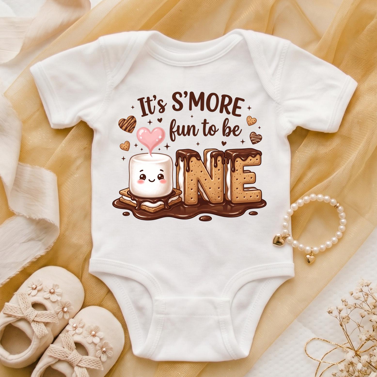 Smore Fun To Be One 1st Birthday Bodysuit, Kawaii Marshmallow Camping Theme Party Outfit, Cute Smores First Birthday Shirt For Baby