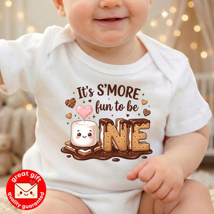 Smore Fun To Be One 1st Birthday Bodysuit, Kawaii Marshmallow Camping Theme Party Outfit, Cute Smores First Birthday Shirt For Baby