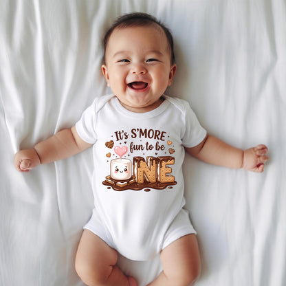 Smore Fun To Be One 1st Birthday Bodysuit, Kawaii Marshmallow Camping Theme Party Outfit, Cute Smores First Birthday Shirt For Baby