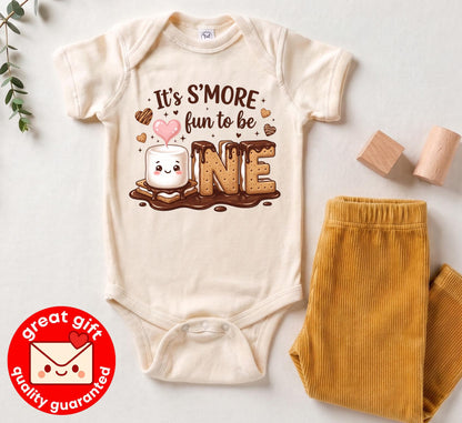 Smore Fun To Be One 1st Birthday Bodysuit, Kawaii Marshmallow Camping Theme Party Outfit, Cute Smores First Birthday Shirt For Baby