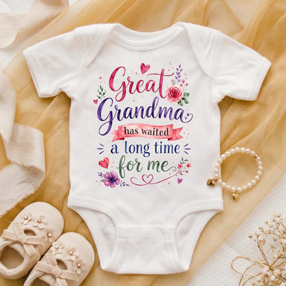Great Grandma Pregnancy Announcement Onesie, Great Grandma Has Waited A Long Time For Me Bodysuit, Floral Baby Reveal To Great Grandma Gift
