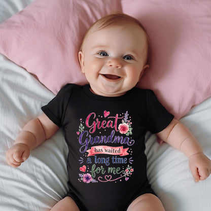 Great Grandma Pregnancy Announcement Onesie, Great Grandma Has Waited A Long Time For Me Bodysuit, Floral Baby Reveal To Great Grandma Gift