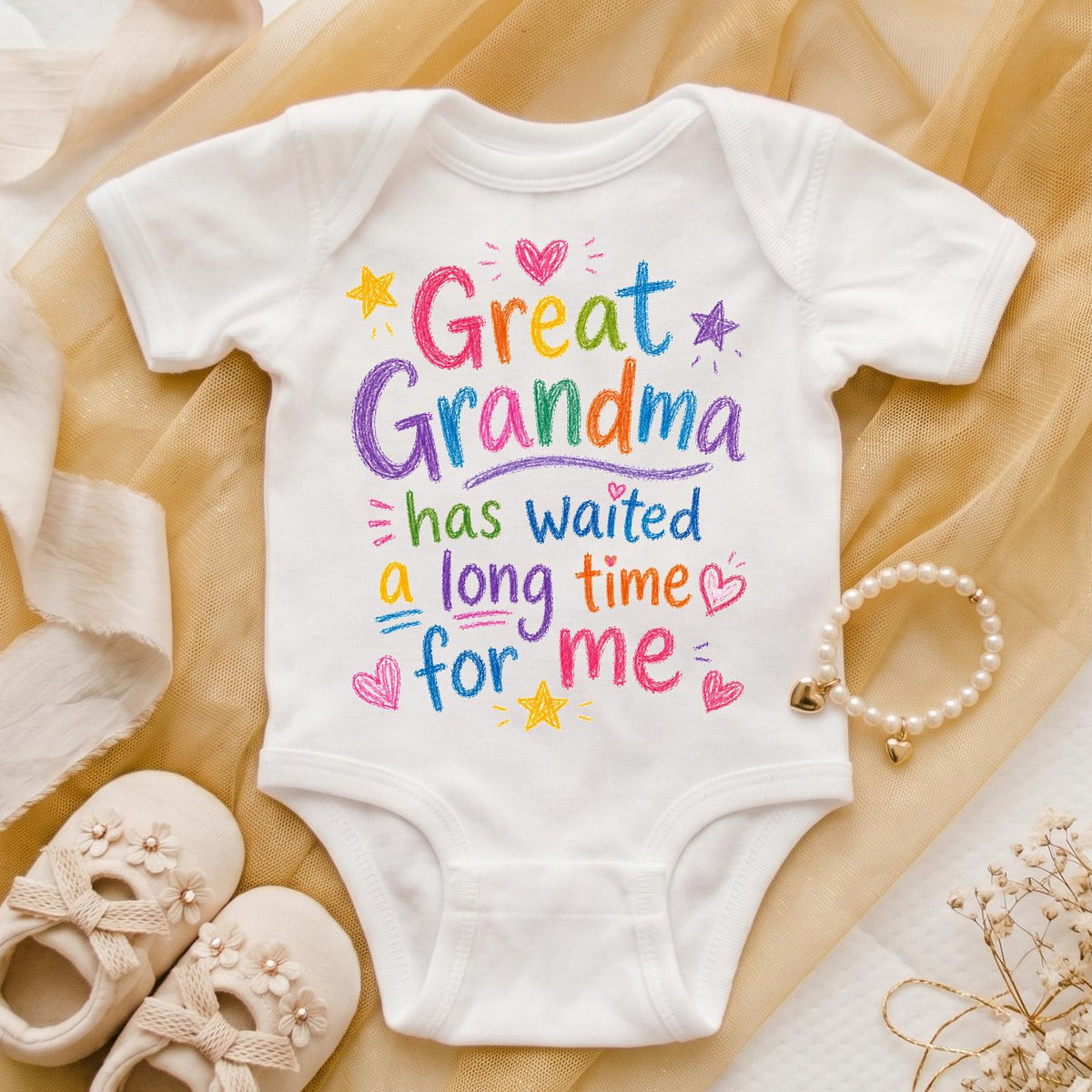 Great Grandma Pregnancy Announcement Bodysuit, Waited A Long Time For Me Hand Drawn Doodle Reveal, Cute Great Grandmother To Be Gift