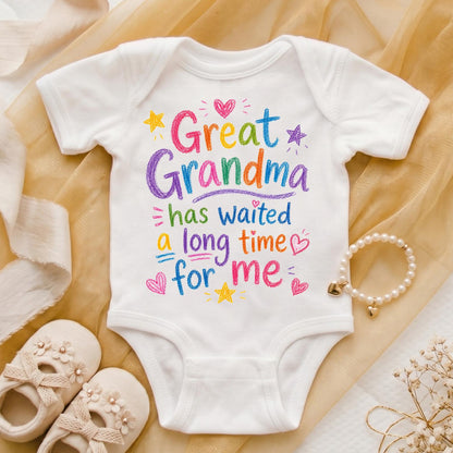 Great Grandma Pregnancy Announcement Bodysuit, Waited A Long Time For Me Hand Drawn Doodle Reveal, Cute Great Grandmother To Be Gift