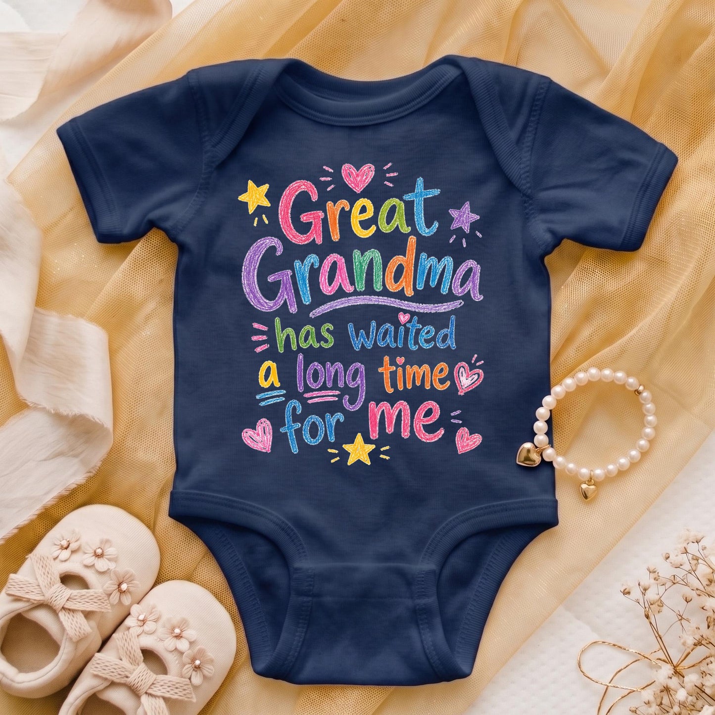 Great Grandma Pregnancy Announcement Bodysuit, Waited A Long Time For Me Hand Drawn Doodle Reveal, Cute Great Grandmother To Be Gift