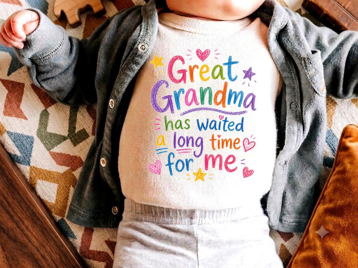 Great Grandma Pregnancy Announcement Bodysuit, Waited A Long Time For Me Hand Drawn Doodle Reveal, Cute Great Grandmother To Be Gift