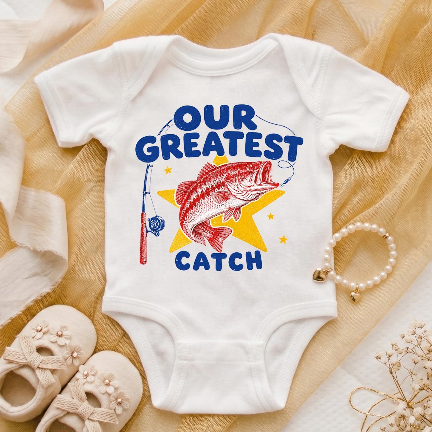 Our Greatest Catch Shirt, Fishing Baby Shirt, Fisherman Baby Shower Gift Boy, Toddler Boy Fishing Tee, Retro Newborn Photo Outfit