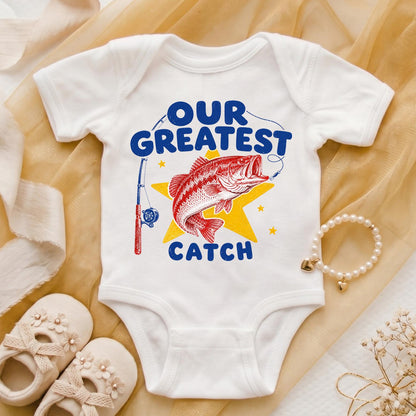 Our Greatest Catch Shirt, Fishing Baby Shirt, Fisherman Baby Shower Gift Boy, Toddler Boy Fishing Tee, Retro Newborn Photo Outfit