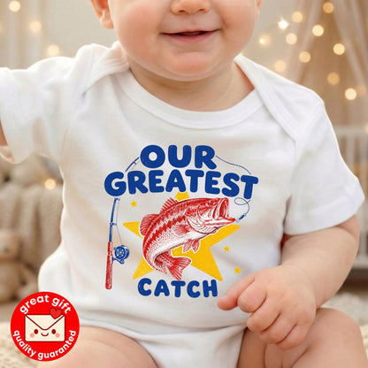 Our Greatest Catch Shirt, Fishing Baby Shirt, Fisherman Baby Shower Gift Boy, Toddler Boy Fishing Tee, Retro Newborn Photo Outfit