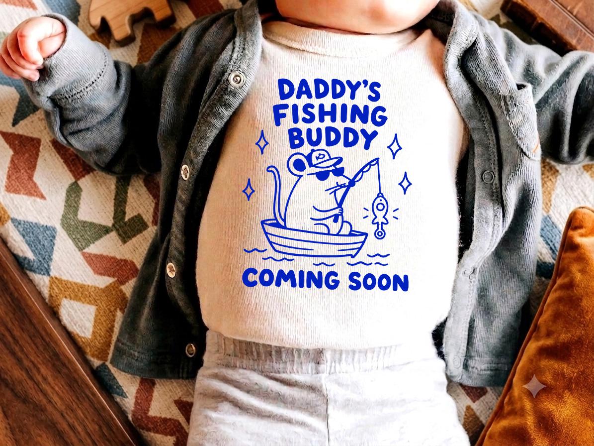 Daddy's Fishing Buddy Coming Soon Onesie, Fishing Pregnancy Reveal, Expecting Dad Gift, Cute Baby Announcement Shirt, Hand Drawn Doodle Tee