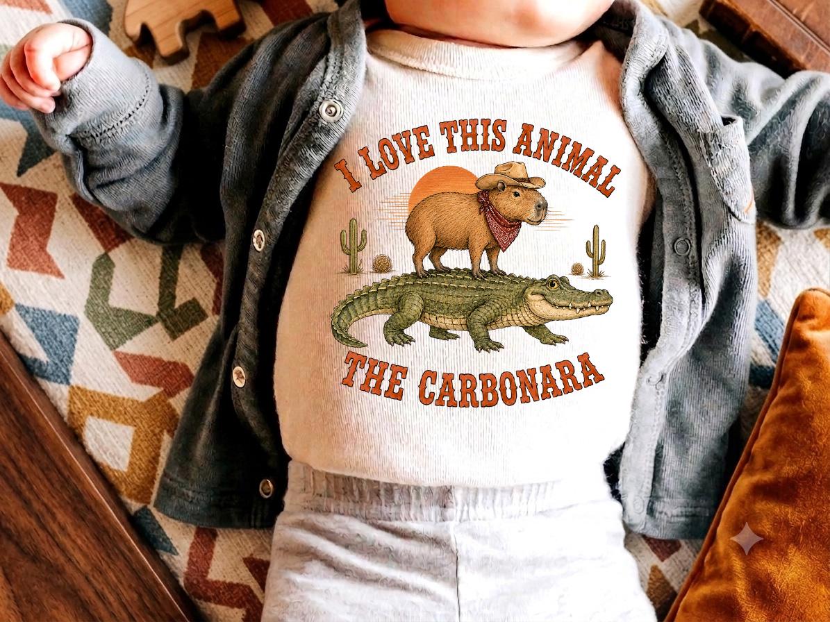 I Love This Animal The Carbonara Baby Onesie, Funny Cowboy Capybara Bodysuit, Western Alligator Meme Baby Shirt, Cute Baby Shower Gift