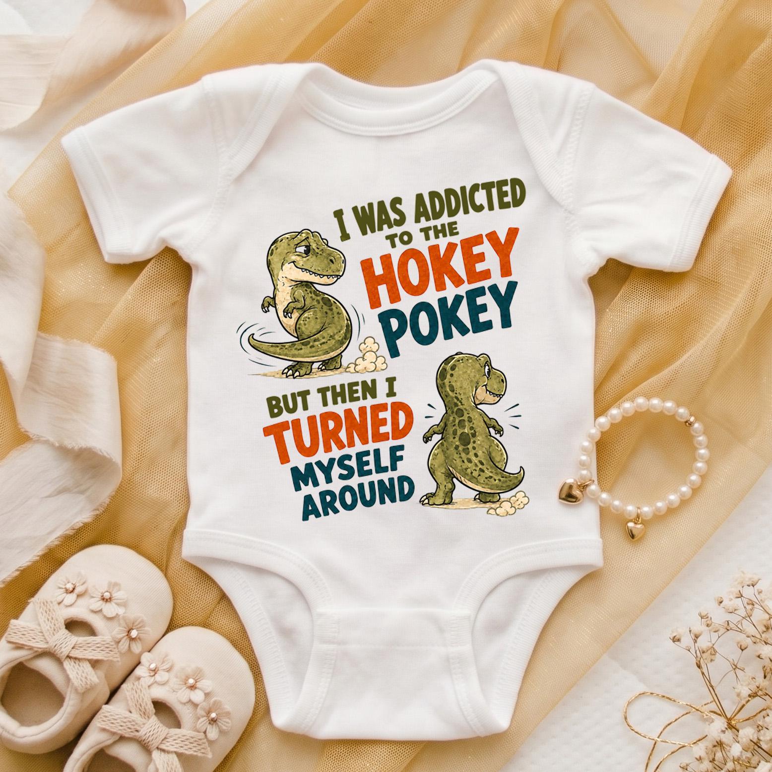 Hokey Pokey Shirt, Funny Dinosaur T-Shirt, I Was Addicted but Turned Myself Around Tee, Retro T-Rex Pun Gift