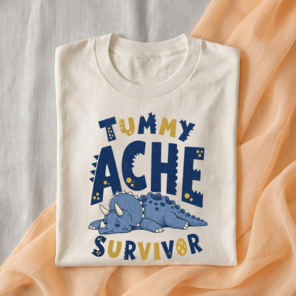 Funny Tummy Ache Survivor Shirt, Cute Triceratops T Shirt, Dinosaur Meme Tee, Kidcore Graphic Shirt, Quirky Gift for Friend