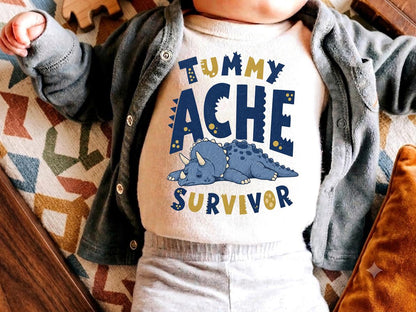 Funny Tummy Ache Survivor Shirt, Cute Triceratops T Shirt, Dinosaur Meme Tee, Kidcore Graphic Shirt, Quirky Gift for Friend