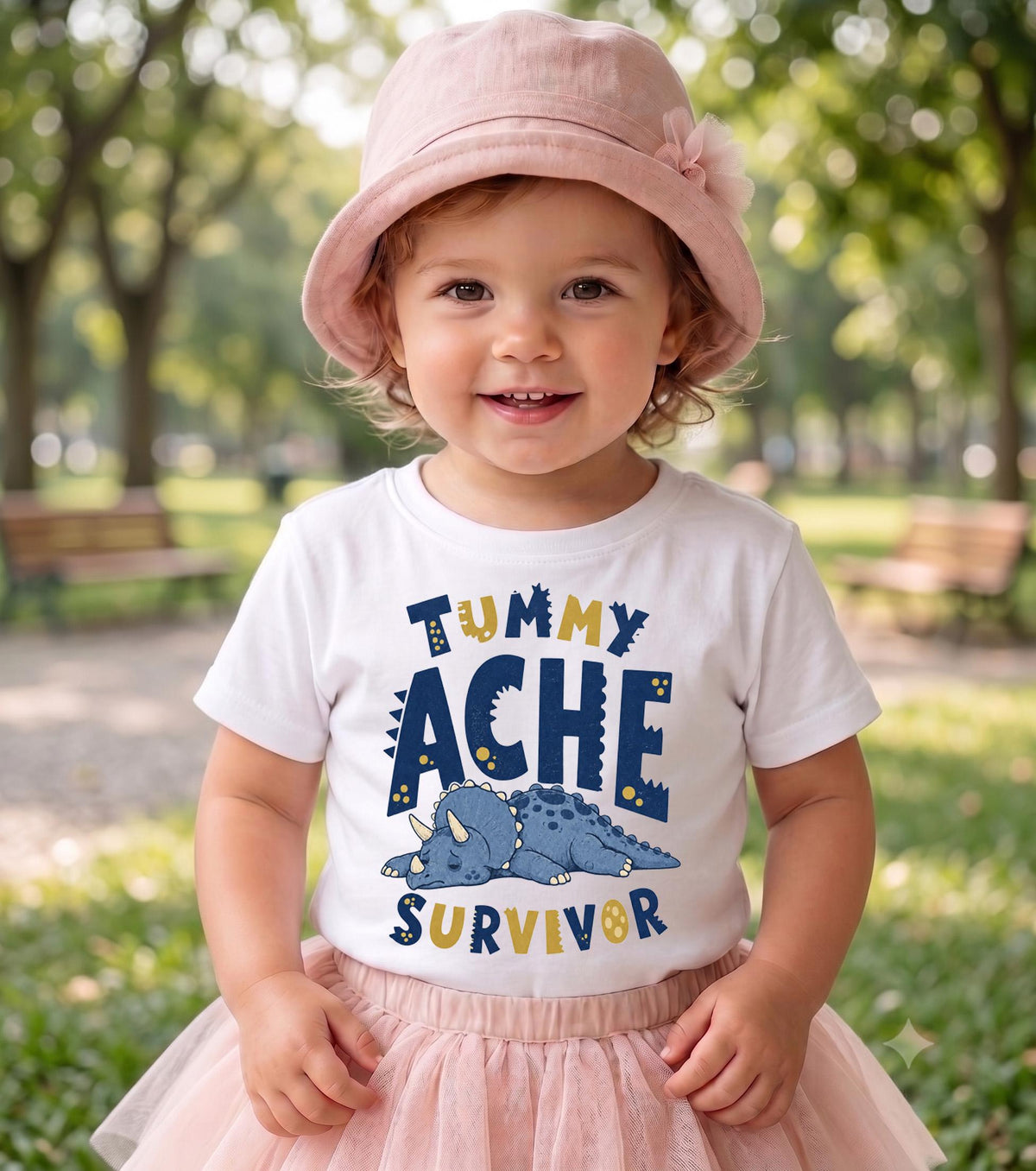 Funny Tummy Ache Survivor Shirt, Cute Triceratops T Shirt, Dinosaur Meme Tee, Kidcore Graphic Shirt, Quirky Gift for Friend