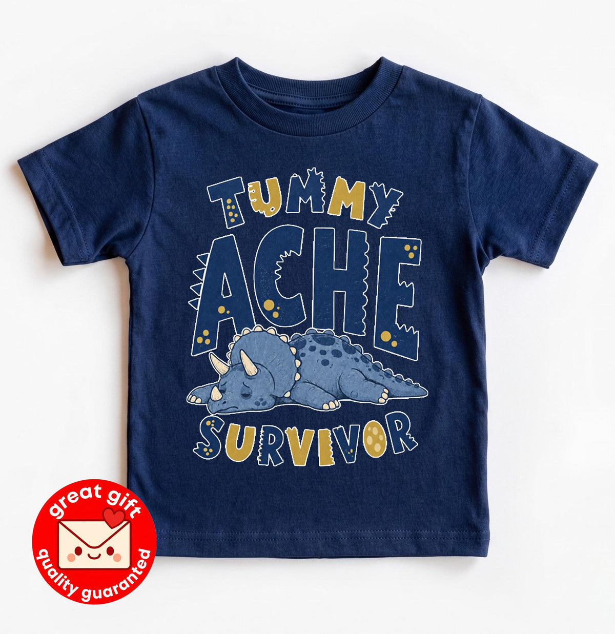 Funny Tummy Ache Survivor Shirt, Cute Triceratops T Shirt, Dinosaur Meme Tee, Kidcore Graphic Shirt, Quirky Gift for Friend
