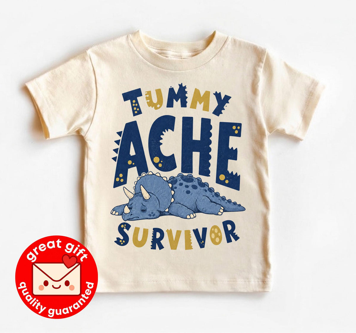 Funny Tummy Ache Survivor Shirt, Cute Triceratops T Shirt, Dinosaur Meme Tee, Kidcore Graphic Shirt, Quirky Gift for Friend