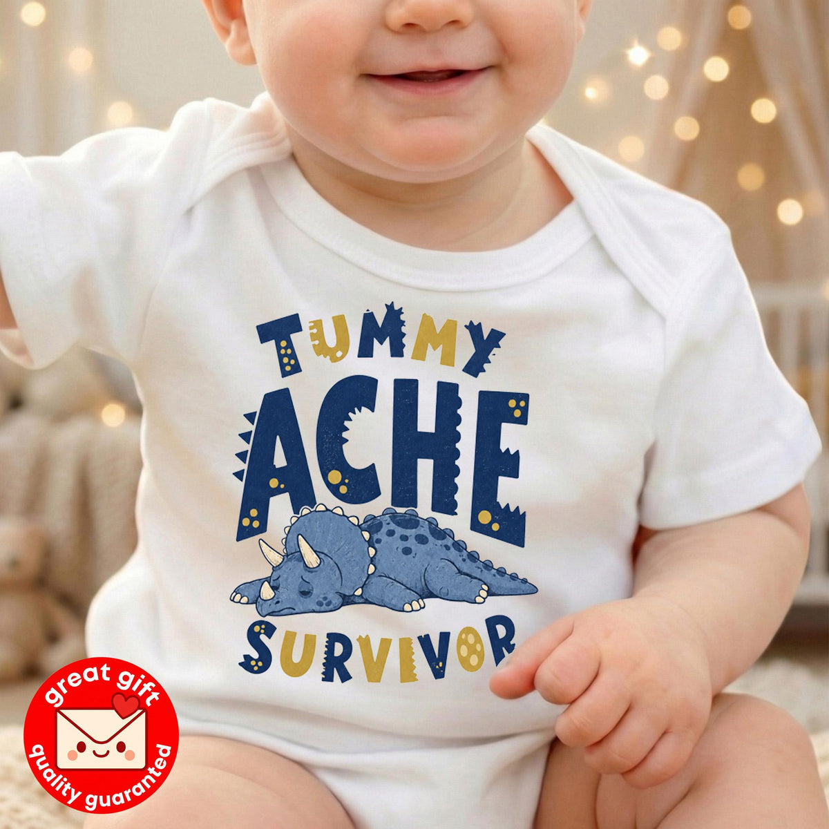 Funny Tummy Ache Survivor Shirt, Cute Triceratops T Shirt, Dinosaur Meme Tee, Kidcore Graphic Shirt, Quirky Gift for Friend
