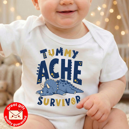 Funny Tummy Ache Survivor Shirt, Cute Triceratops T Shirt, Dinosaur Meme Tee, Kidcore Graphic Shirt, Quirky Gift for Friend