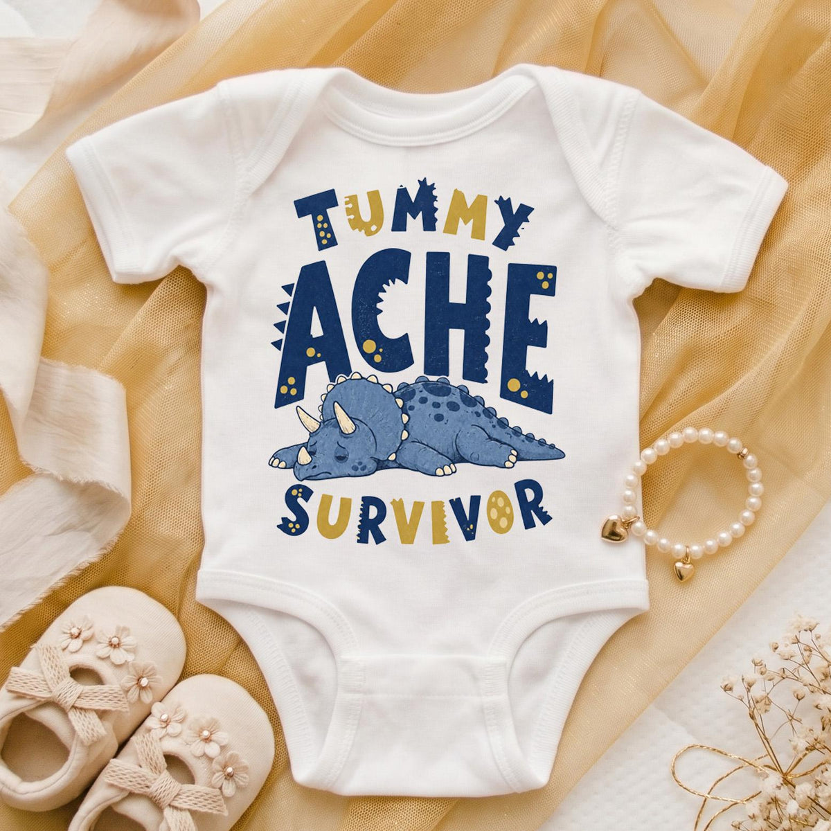 Funny Tummy Ache Survivor Shirt, Cute Triceratops T Shirt, Dinosaur Meme Tee, Kidcore Graphic Shirt, Quirky Gift for Friend