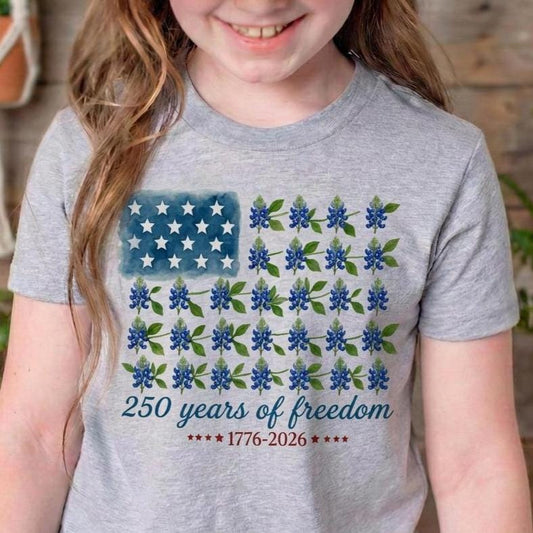 250th Anniversary USA Kids Shirt, Semiquincentennial Bluebonnet Texas Flag Tee [Red/Natural]