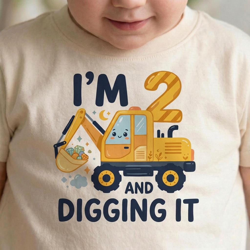 Natural 2nd Birthday Excavator Toddler Shirt, Cotton Construction Tee, Digging It Design [Irish Green/Carolina Blue]