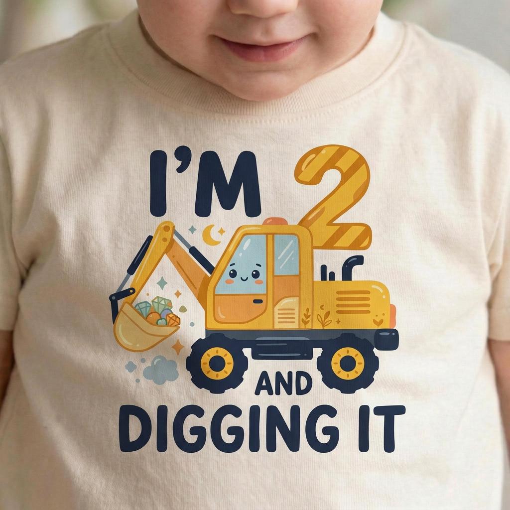 Natural 2nd Birthday Excavator Toddler Shirt, Cotton Construction Tee, Digging It Design [Kelly Green/Forest]
