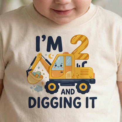 Natural 2nd Birthday Excavator Toddler Shirt, Cotton Construction Tee, Digging It Design [Red/Natural]