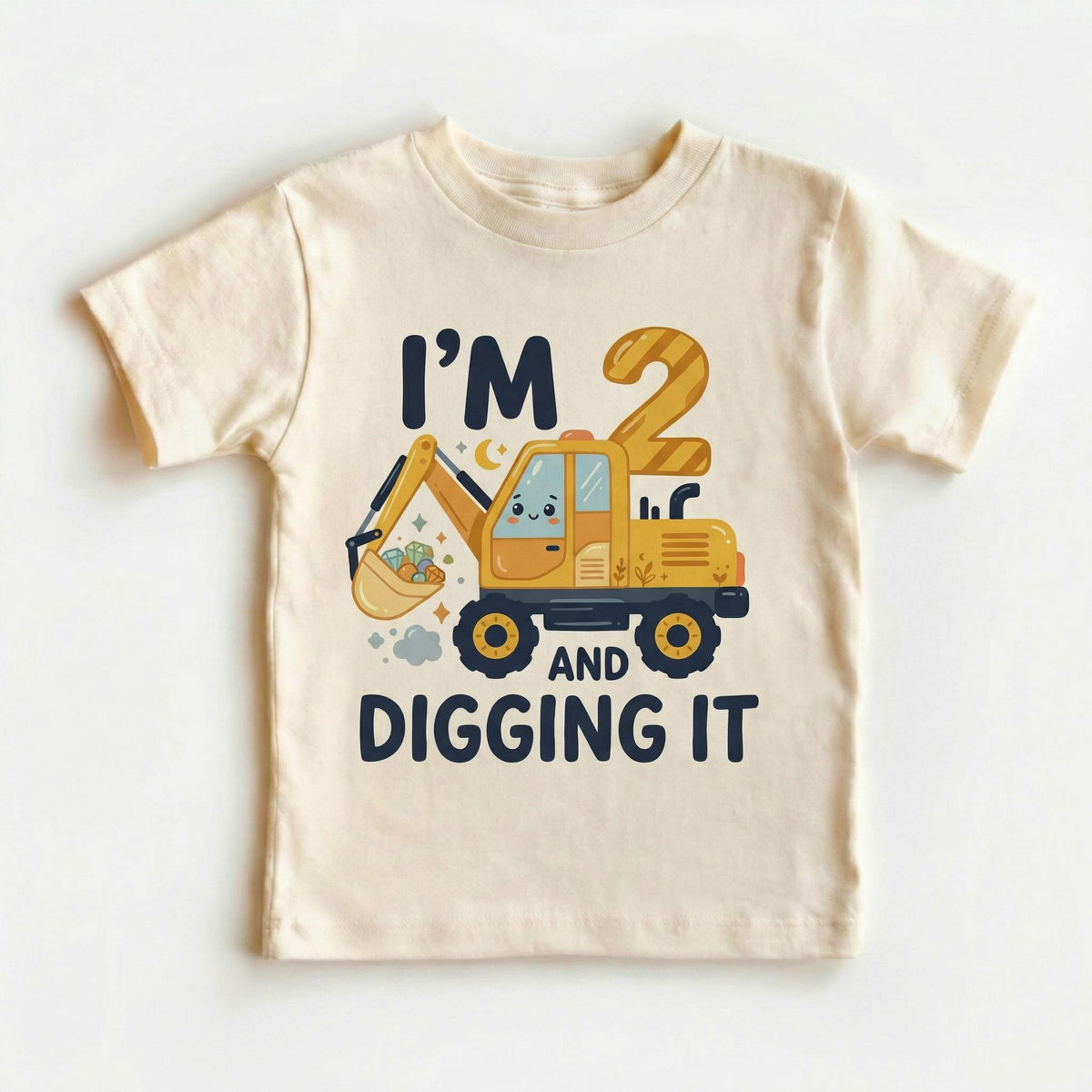 Natural 2nd Birthday Excavator Toddler Shirt, Cotton Construction Tee, Digging It Design [Kelly Green/Forest]