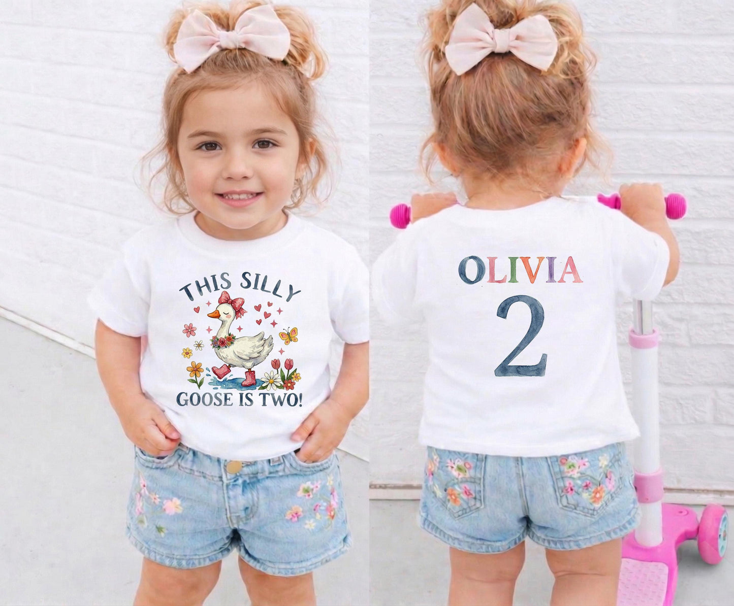Silly Goose 2nd Birthday Girl Shirt, Pink Bow Watercolor Goose Toddler Tee [Kelly Green/Forest]