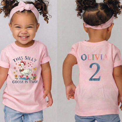 Silly Goose 2nd Birthday Girl Shirt, Pink Bow Watercolor Goose Toddler Tee [Black/Pink]