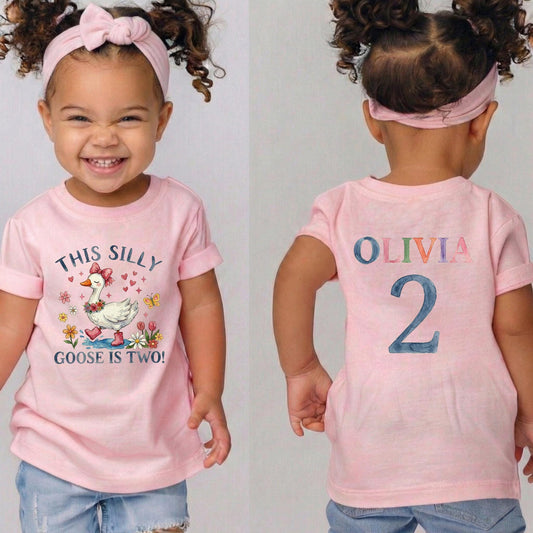Silly Goose 2nd Birthday Girl Shirt, Pink Bow Watercolor Goose Toddler Tee [Black/Pink]