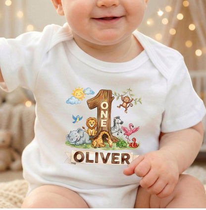 Wild One First Birthday Bodysuit Personalized Safari Animal Watercolor Infant Outfit Custom Name [Irish Green/Carolina Blue]