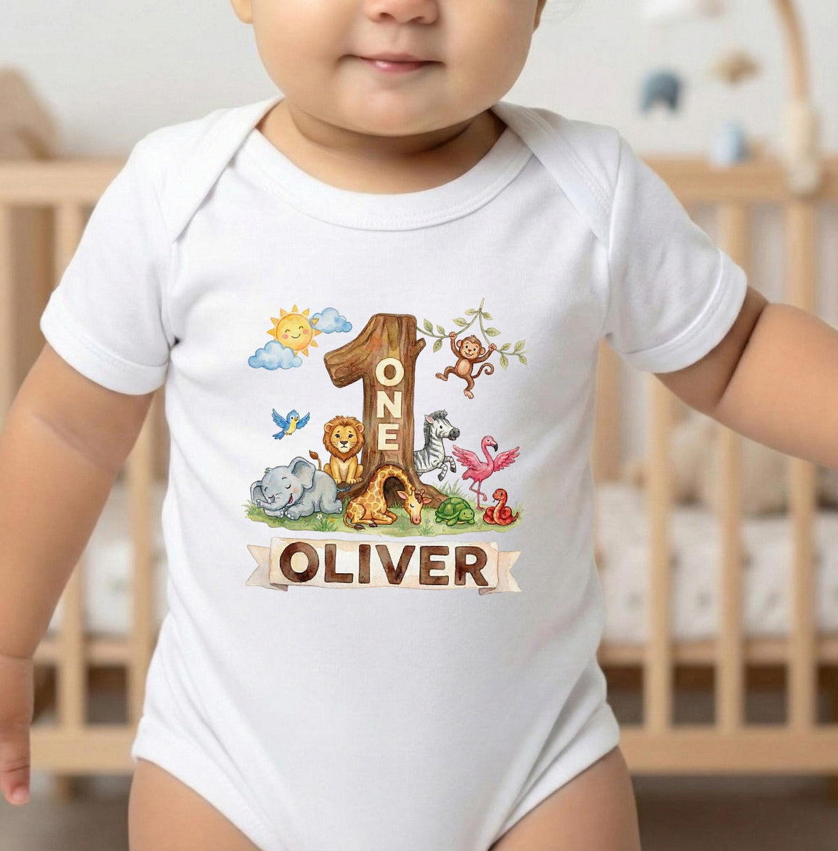 Wild One First Birthday Bodysuit Personalized Safari Animal Watercolor Infant Outfit Custom Name [Irish Green/Carolina Blue]