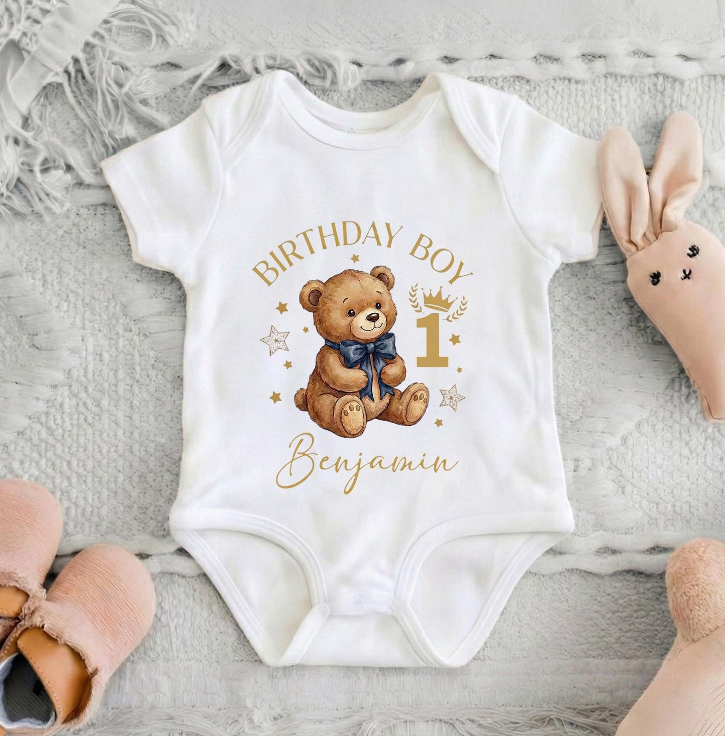 Custom First Birthday Boy Shirt Navy Teddy Bear Watercolor Personalized Toddler Tee [Red/Natural]