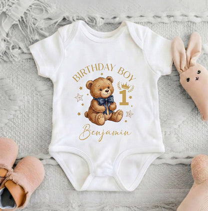 Custom First Birthday Boy Shirt Navy Teddy Bear Watercolor Personalized Toddler Tee [Red/Natural]