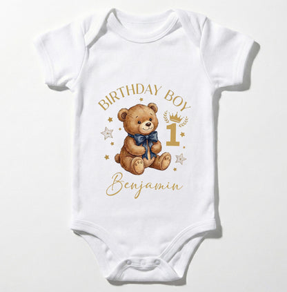 Custom First Birthday Boy Shirt Navy Teddy Bear Watercolor Personalized Toddler Tee [Red/Natural]