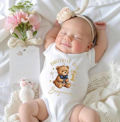 Custom First Birthday Boy Shirt Navy Teddy Bear Watercolor Personalized Toddler Tee [Black/Pink]